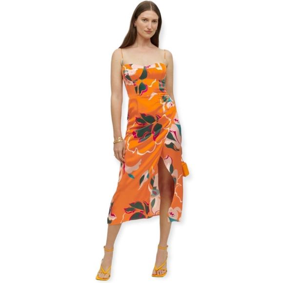 Reformation Marguerite Silk Midi Dress In Electra Floral Orange - Picture 1 of 13